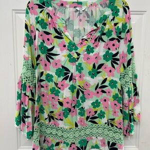 New: Crown & Ivy Floral Green and Pink Women's Top. 100% Rayon